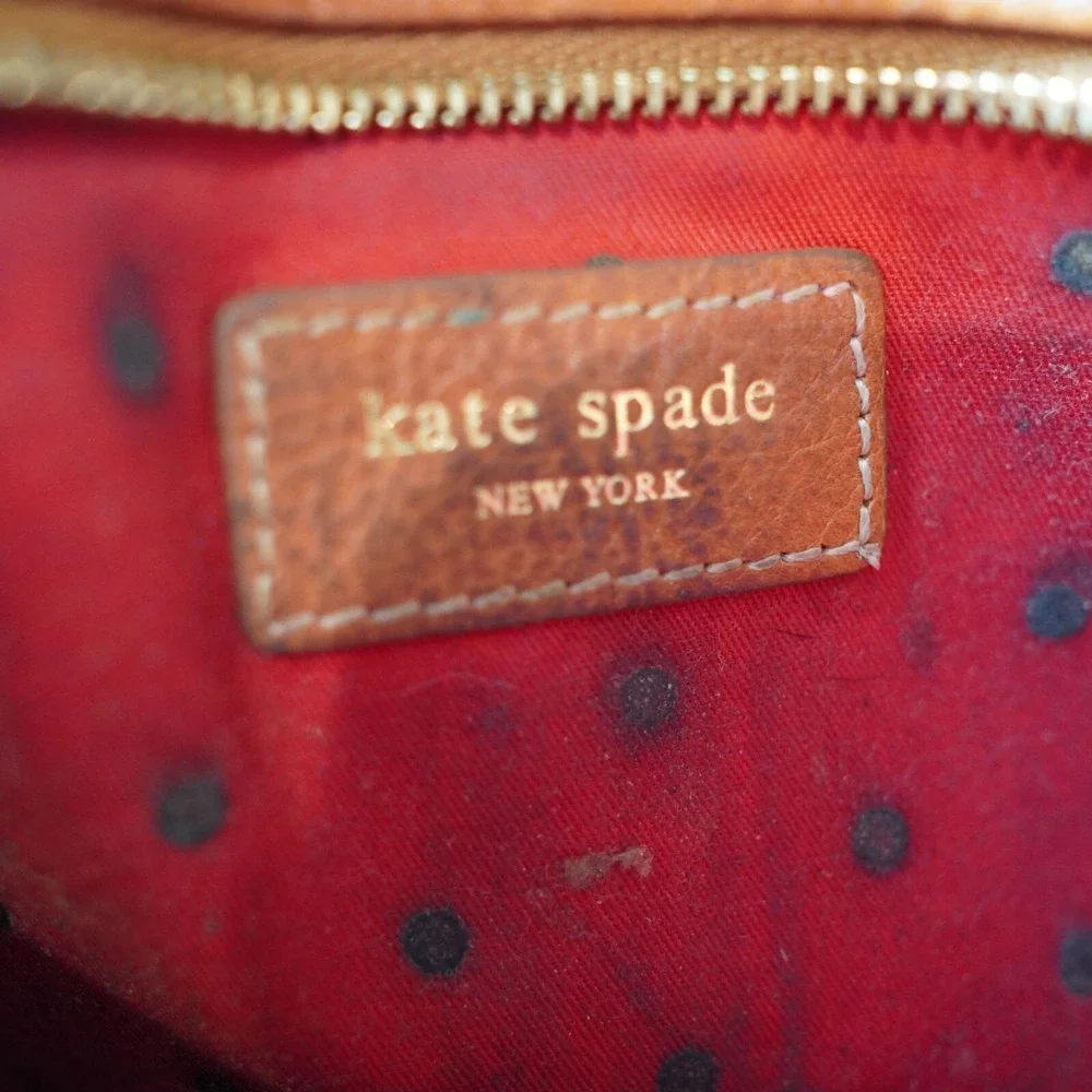 Kate Spade Wristlet Leather Trimmed Printed Tile Weaved‎ Fabric Brown Tan